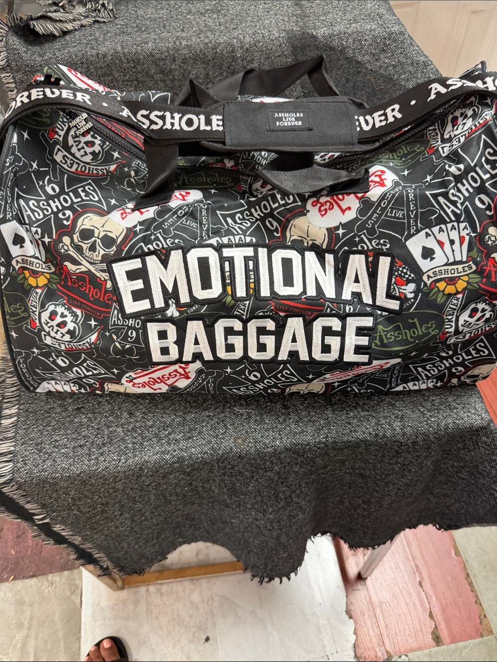EMOTIONAL BAGGAGE Black Duffle Bag by Assholes Forever